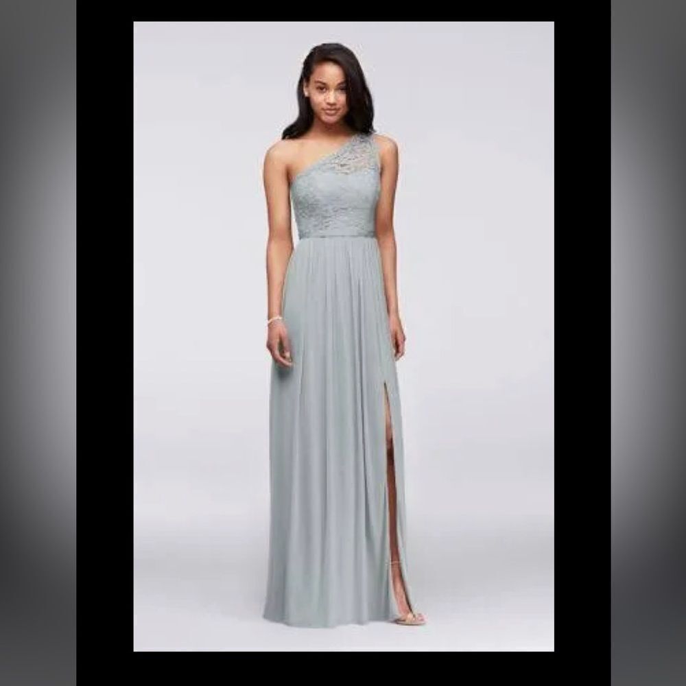 David’s Bridal One-Shoulder Lace Chiffon Gown – Misty Blue – Size 16 – NWT